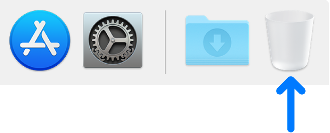 A blue arrow pointing to the Trash icon in the Dock.