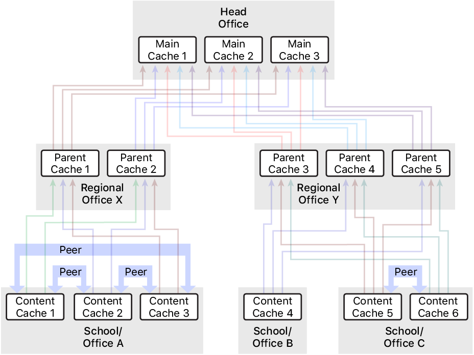 A network with numerous content caches, organized into a three-level hierarchy that has parent and grandparent content caches. Only the content caches at the lowest level of the hierarchy have peers defined.