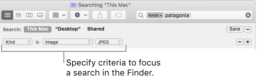 A Finder window with fields to specify search criteria.