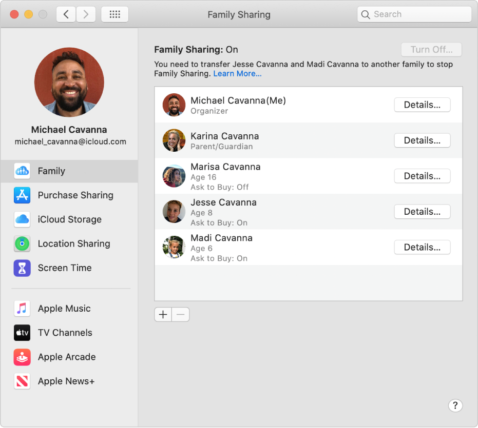 Family Sharing preferences showing a sidebar of different types of account options you can use and the Family preferences for an existing account.