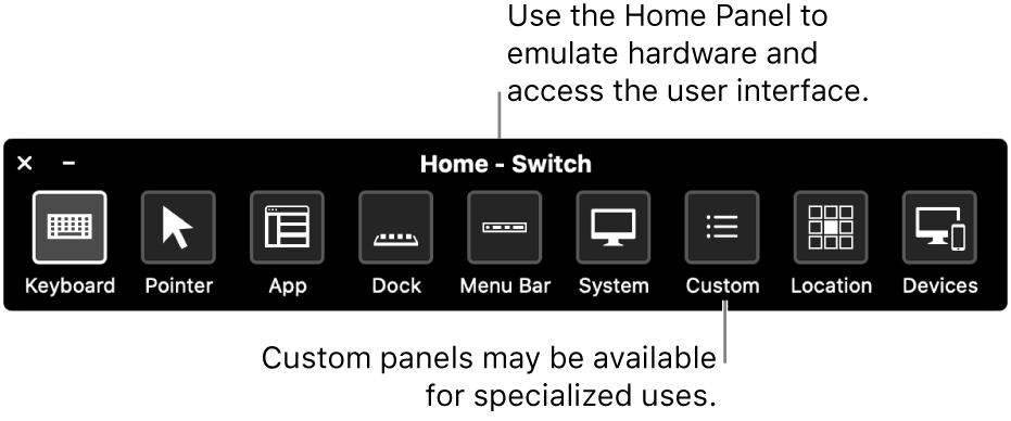 The Switch Control Home Panel provides buttons to control, from left to right, the keyboard, pointer, app, Dock, menu bar, system controls, custom panels, screen location, and other devices.