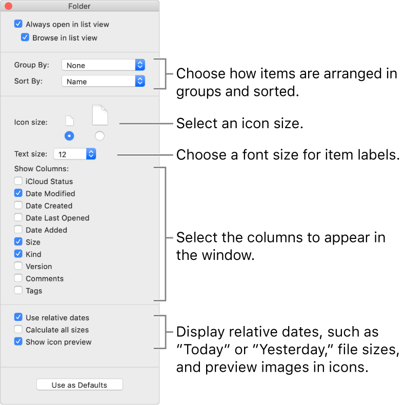 List view options: You can choose how items are arranged in groups and sorted, set the icon size, choose a font size for item labels, select the columns that appear in the window, and display relative dates, such as “Today” or “Yesterday,” file sizes, and preview images in icons.