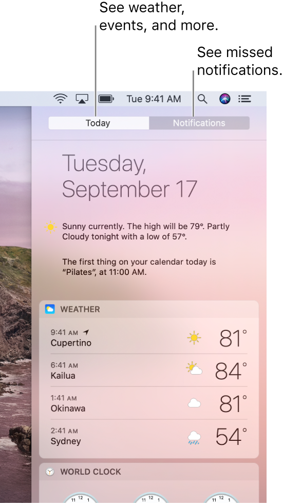 Today view showing weather in three locations. Click the Notifications tab to see missed notifications.