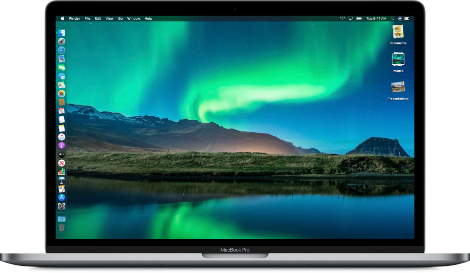 A Mac desktop with Dark Mode, a custom desktop picture, the Dock positioned along the left edge of the screen, and desktop stacks along the right edge of the screen.