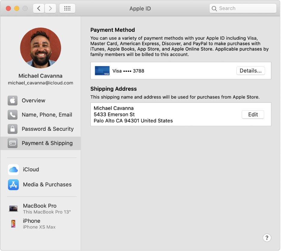 Apple ID preferences showing a sidebar of different types of account options you can use and the Payment & Shipping preferences for an existing account.