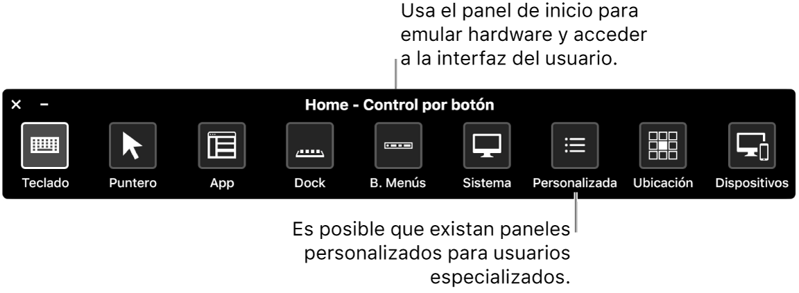 El panel Inicio de Control por botón brinda botones para controlar, de izquierda a derecha, el teclado, el puntero, apps, el Dock, la barra de menús, los controles del sistema, los paneles personalizados, la ubicación de la pantalla y otros dispositivos.