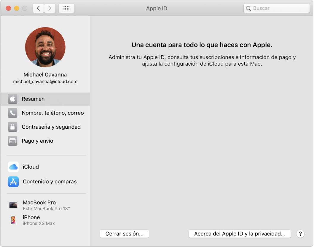 Las preferencias de Apple ID mostrando una barra lateral de distintos tipos de opciones de cuenta que puedes usar y las preferencias de Resumen que muestran el botón “Cerrar sesión”.