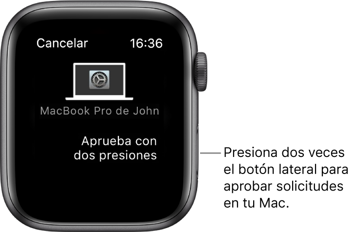 Apple Watch mostrando una solicitud de aprobación de una MacBook Pro.