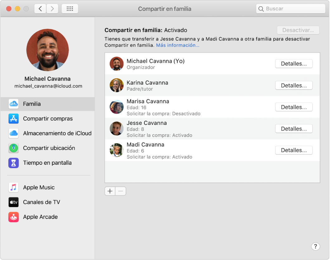 El panel de preferencias "Compartir en familia" mostrando varias opciones de cuentas en la barra lateral y, a la derecha, los integrantes de la familia y sus detalles.