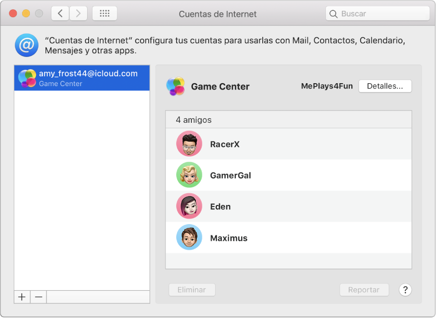 Una cuenta de Game Center en Cuentas de Internet.