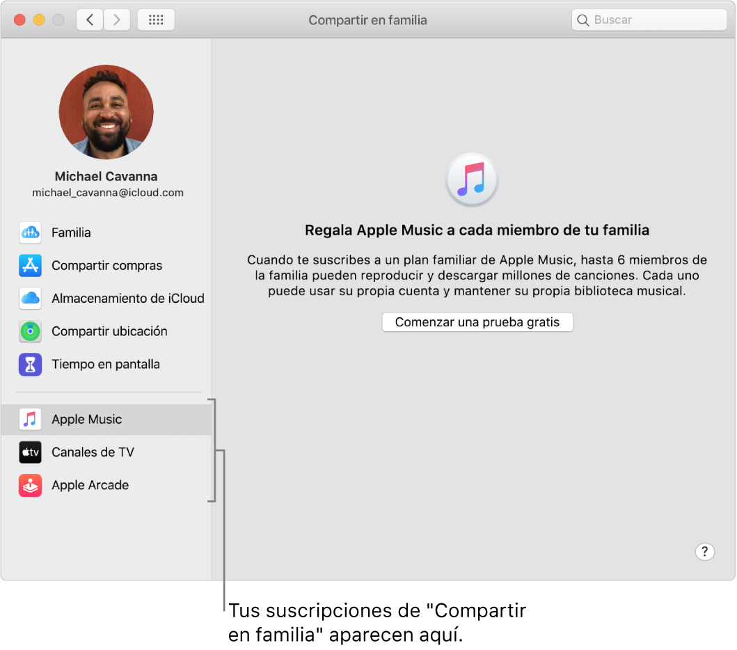 El panel de preferencias "Compartir en familia" mostrando una barra lateral de distintos tipos de suscripciones en la barra lateral que puedes configurar y usar.