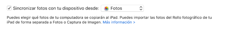 La casilla "Sincronizar fotos con tu dispositivo desde" aparece con la opción Fotos seleccionada en el menú desplegable.