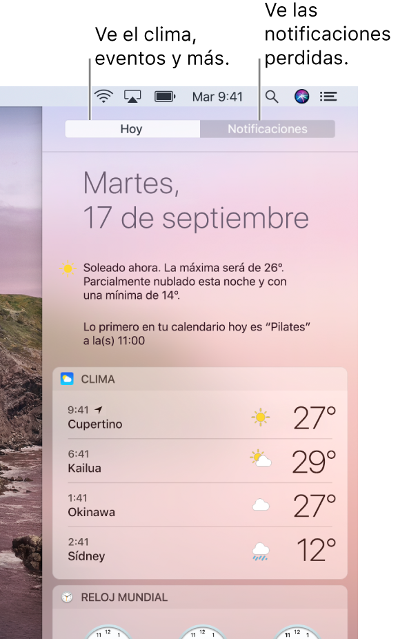 La vista Hoy mostrando el clima en tres lugares. Haz clic en la pestaña Notificaciones para ver las que te has perdido.