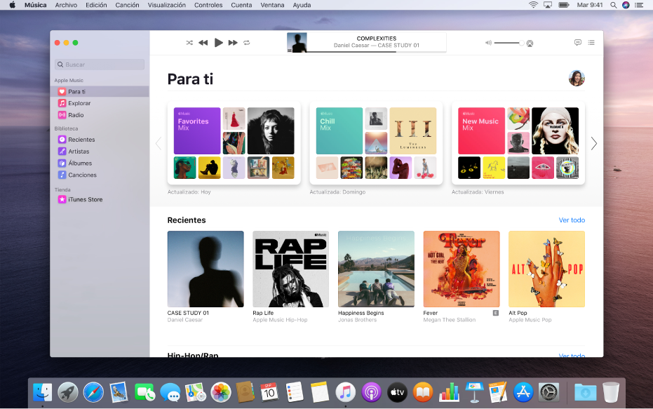 Ventana de la app Música mostrando las sugerencias musicales de la pestaña "Para ti".