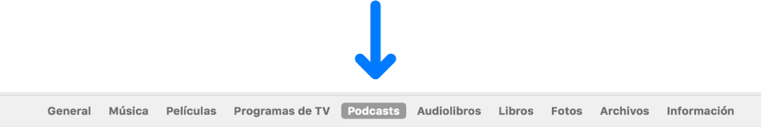 La barra de botones con la opción Podcasts seleccionada.