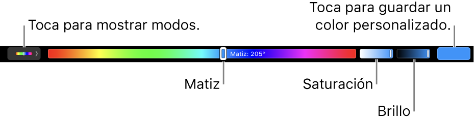 El Touch Bar mostrando los reguladores de matiz, saturación y brillo para el modo HSB. Al extremo izquierdo está el botón para mostrar todos los modos; a la derecha el botón para guardar un color personalizado.