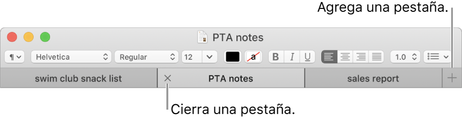 Una ventana de TextEdit con tres pestañas en la barra de pestañas, ubicada debajo de la barra de formato. Una pestaña muestra el botón Cerrar. El botón Agregar está ubicado en el extremo derecho de la barra de pestañas.