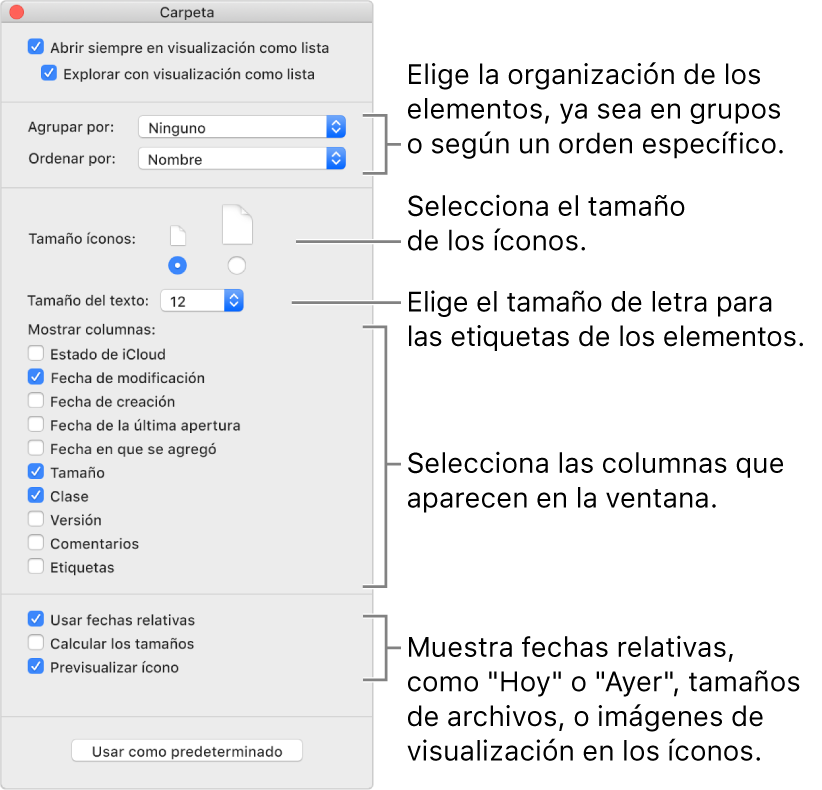 Opciones de visualización por listas: puedes seleccionar cómo se organizan y ordenan los elementos en grupos, establecer el tamaño de los íconos, seleccionar el tamaño de letra de las etiquetas de los elementos, seleccionar las columnas que aparecen en la ventana y mostrar fechas relacionadas tales como “Hoy” o “Ayer”, el tamaño del archivo y previsualizar imágenes en íconos.