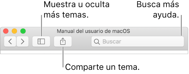 Una ventana de ayuda mostrando en la barra de herramientas el botón para ocultar o mostrar la tabla de contenido, el botón para compartir un tema y el campo de búsqueda para buscar temas.