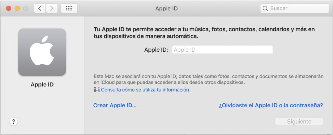 Diálogo de inicio de sesión Apple ID listo para la entrada del nombre y la contraseña del Apple ID.