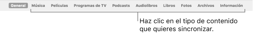 La barra de botones mostrando el botón General y los botones para contenido, como música, películas, programas de TV y más.
