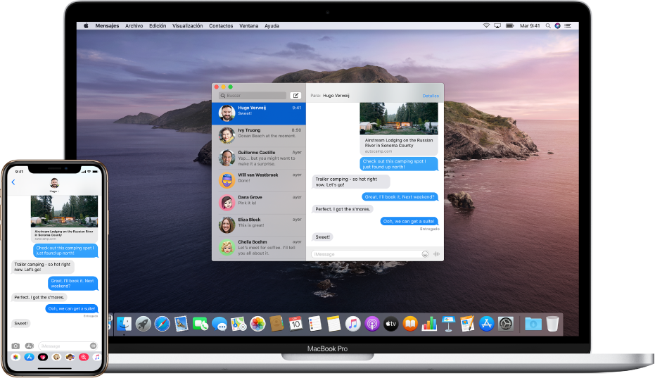 Un iPhone mostrando un mensaje de texto y, a un lado, la Mac a la cual se pasa el mensaje. El ícono de Handoff se encuentra en el extremo izquierdo del Dock.