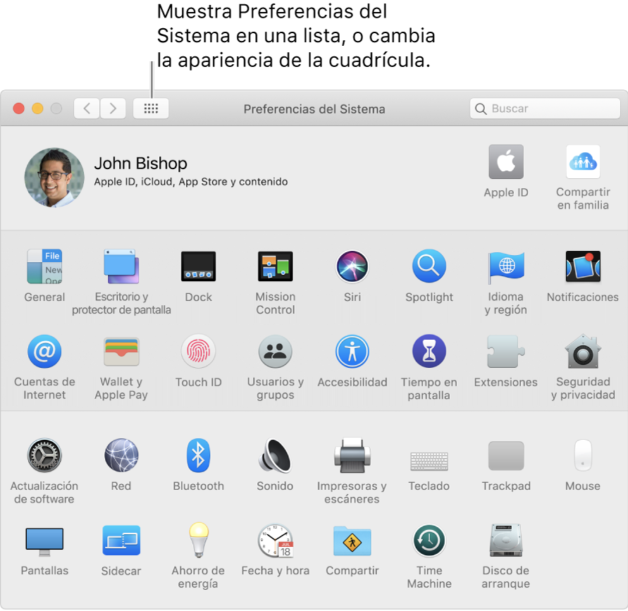 Ventana de Preferencias del Sistema con la cuadrícula de íconos. Haz clic en el botón "Mostrar todo" en la barra de herramientas de la ventana para ver las preferencias del sistema como una lista, o para cambiar el aspecto de la cuadrícula.