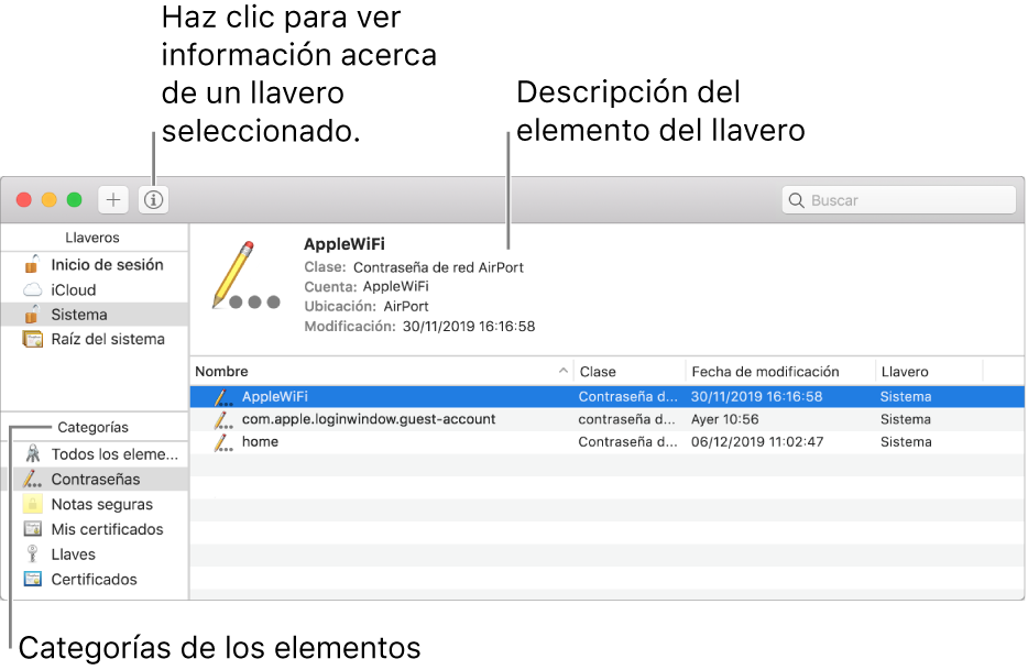 Las siguientes son las áreas principales de la ventana de Acceso a Llaveros: la lista de categorías, la lista de elementos de los llaveros, y una descripción de los elementos de los llaveros.