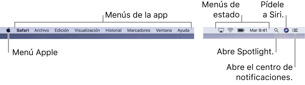 La barra de menús. En la izquierda está el menú Apple y los menús de las apps. A la derecha están los menús de estado, y los íconos Spotlight, Siri y Centro de notificaciones.