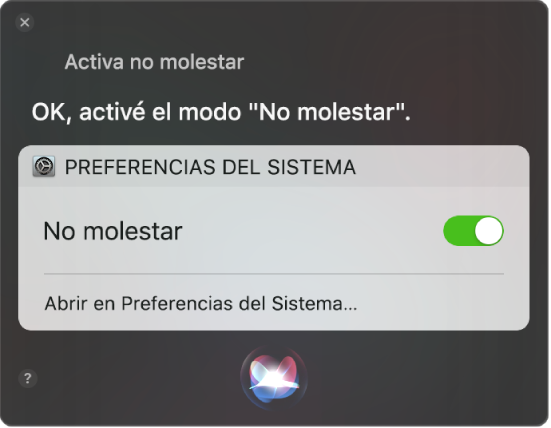 Ventana de Siri mostrando una solicitud para completar la tarea, “Activa no molestar”.
