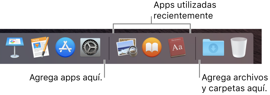 Una parte del Dock mostrando las líneas de separación entre apps, apps usadas recientemente, archivos y carpetas.