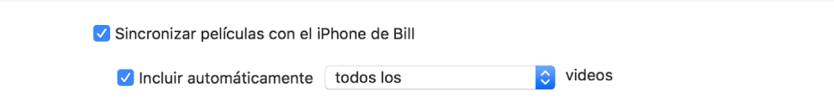 La casilla "Sincronizar películas con [dispositivo]" y la casilla "Incluir automáticamente" están seleccionadas. En un menú desplegable se muestra la opción "todo".