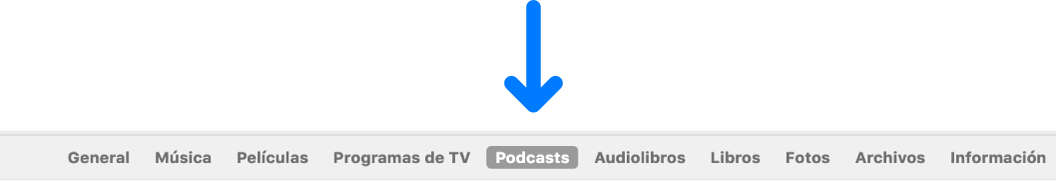 La barra de botones con Podcasts seleccionado.