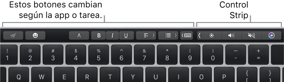 La Touch Bar en la parte superior del teclado, con botones que dependen de la app o tarea a la izquierda, y la Control Strip contraída a la derecha.