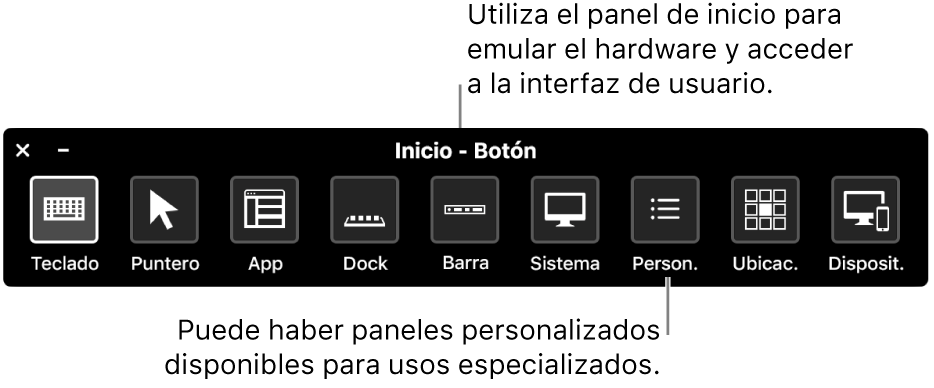 El panel de inicio de “Control por botón” incluye botones para controlar (de izquierda a derecha) el teclado, el puntero, la app, el Dock, la barra de menús, los controles del sistema, los paneles personalizados, la ubicación de la pantalla y otros dispositivos.