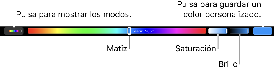 La Touch Bar con los reguladores de matiz, saturación y brillo para el modo HSB. En el extremo izquierdo hay un botón para mostrar todos los modos; a la derecha, el botón para guardar un color personalizado.