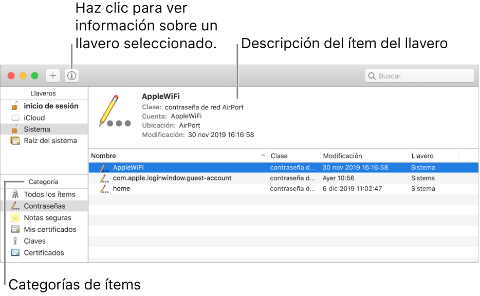 Las áreas principales de la ventana Acceso a Llaveros: la lista de categorías, la lista de ítems de ítems de llaveros y una descripción de un ítem de llavero.