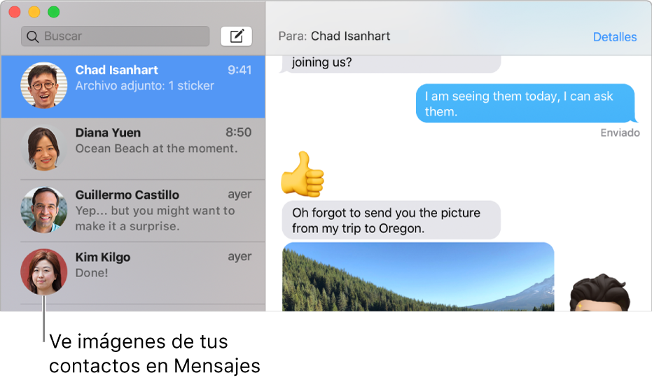 Barra lateral de la app Mensajes con imágenes de personas junto a sus nombres.