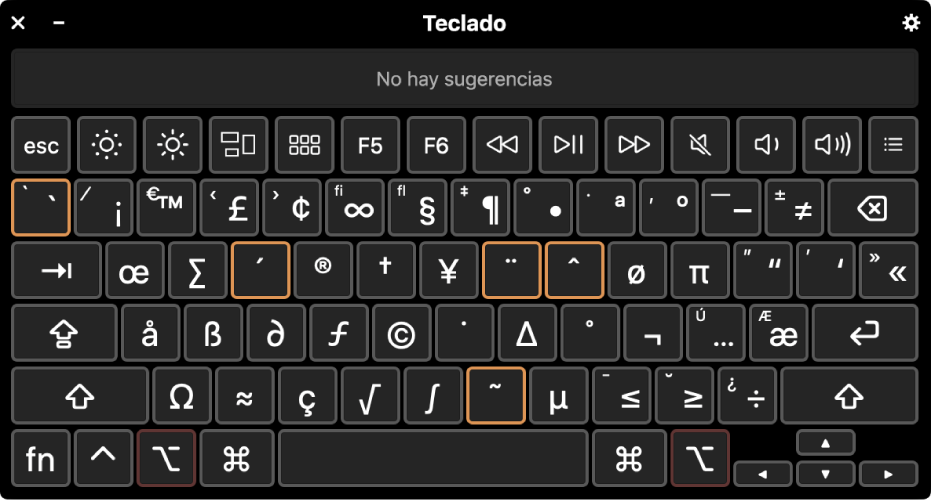 Visor de Teclado con la disposición ABC y cinco teclas de acentuación destacadas.