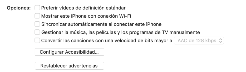 Las opciones de sincronización se muestran en una lista de casillas entre las que se incluyen “Preferir vídeos de definición estándar” y “Convertir las canciones con una velocidad de bits mayor a”