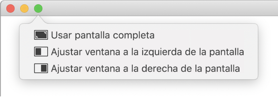 El menú que aparece al mover el puntero sobre el botón verde de la esquina superior izquierda de una ventana. Los comandos del menú, de la parte superior a la parte inferior, son los siguientes: “Usar pantalla completa”, “Ajustar ventana a la izquierda de la pantalla” y “Ajustar ventana a la derecha de la pantalla”.