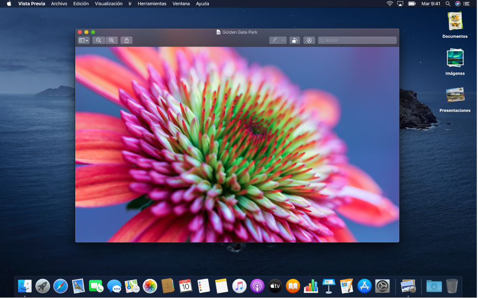 Un escritorio de Mac configurado con aspecto oscuro, que muestra la ventana de una app, el Dock y una barra de menús oscuros.