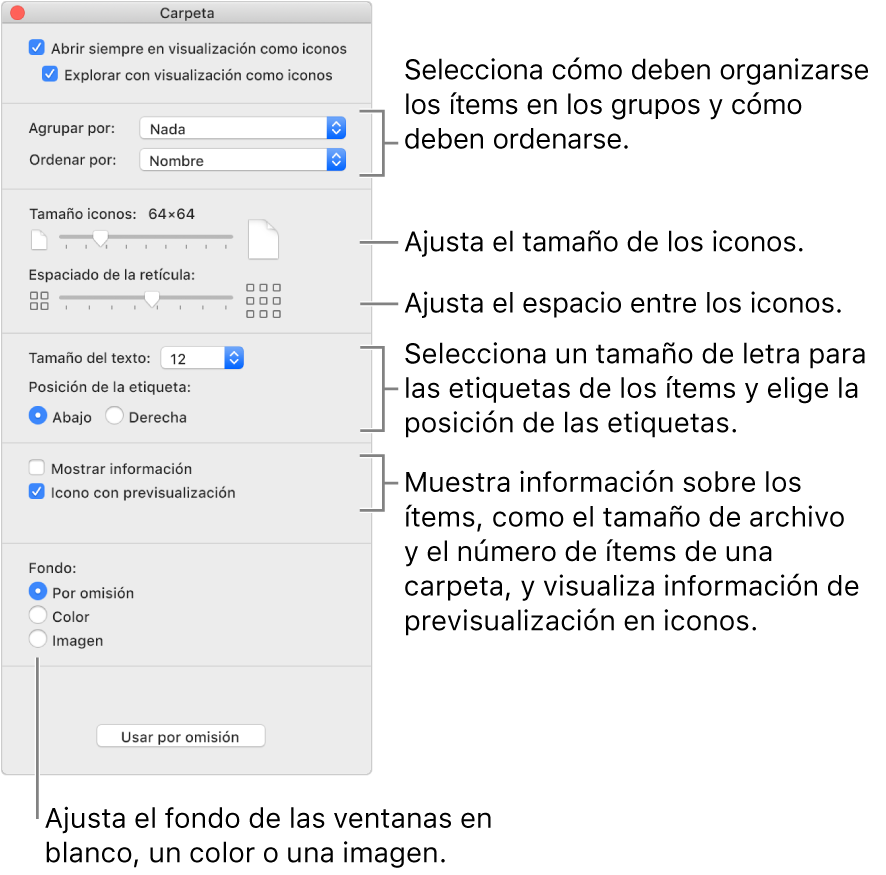 Opciones de visualización como iconos: Puedes seleccionar cómo se organizan los ítems en grupos y se clasifican, configurar el tamaño del icono, ajustar el espacio entre iconos, seleccionar un tamaño de fuente para las etiquetas de los ítems, seleccionar la posición de la etiqueta, mostrar información sobre los ítems (como el tamaño de un archivo o el número de ítems de una carpeta), mostrar información de previsualización de iconos y especificar el fondo de la ventana por omisión, un color o una imagen.