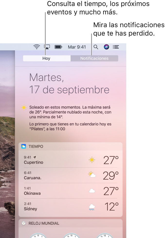 Vista Hoy mostrando el tiempo en tres ubicaciones. Haz clic en la pestaña Notificaciones para ver las notificaciones que tengas pendientes.
