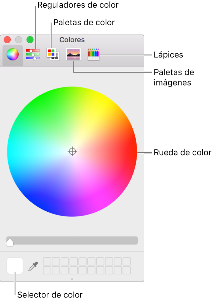 La ventana Colores. La barra de herramientas, que muestra los botones de los reguladores de color, las paletas de color, las paletas de imágenes y los lápices, se encuentra en la parte superior de la ventana. A mitad de ventana se encuentra la rueda de color. La paleta de colores está abajo a la izquierda.
