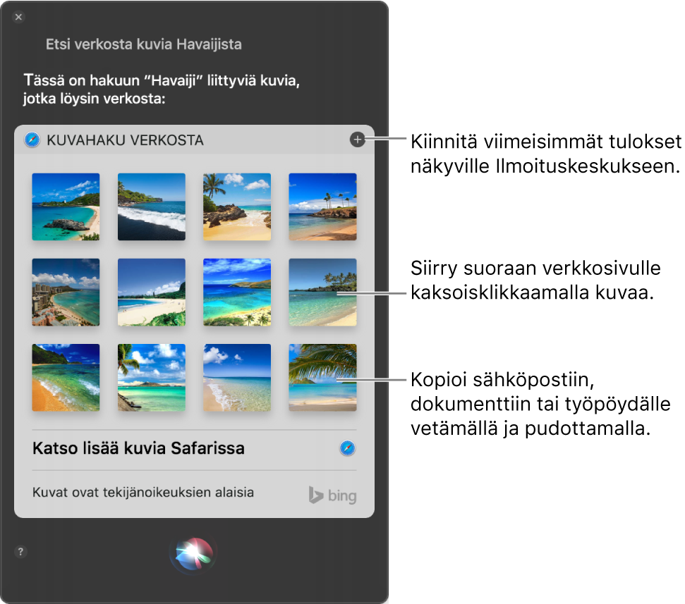 Siri-ikkuna, jossa näkyy pyynnöllä ”Etsi verkosta kuvia Havaijin hiekkarannoista”  saadut Siri-tulokset. Voit kiinnittää tulokset Ilmoituskeskukseen, avata kuvan verkkosivun kaksoisklikkaamalla kuvaa tai vetää kuvan sähköpostiin, dokumenttiin tai työpöydälle.