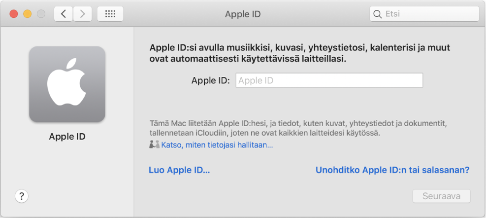 Apple ID:n sisäänkirjautumisvalintaikkuna valmiina Apple ID:n nimen ja salasanan syöttämistä varten.
