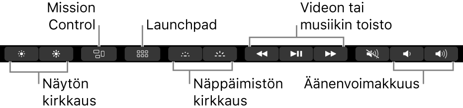 Laajennetun Control Stripin painikkeet ovat (vasemmalta oikealle) näytön kirkkaus, Mission Control, Launchpad, näppäimistön kirkkaus, videon tai musiikin toisto ja äänenvoimakkuus.