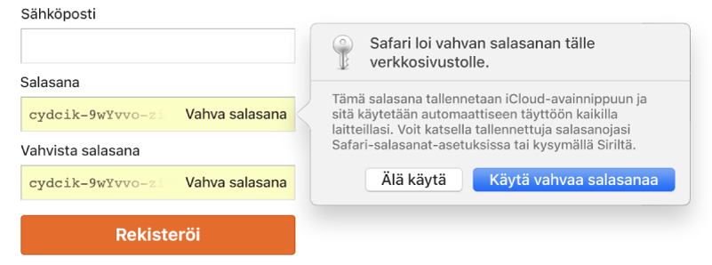 Safarin huomautus, joka kertoo, että Safari on luonut verkkosivustolle vahvan salasanan, joka tallennetaan iCloud-avainnippuun.