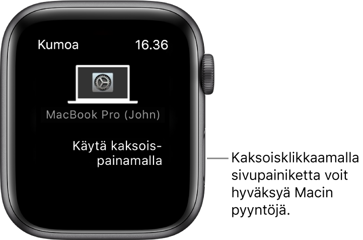 Apple Watch, jossa näkyy hyväksyntäpyyntö MacBook Prosta.